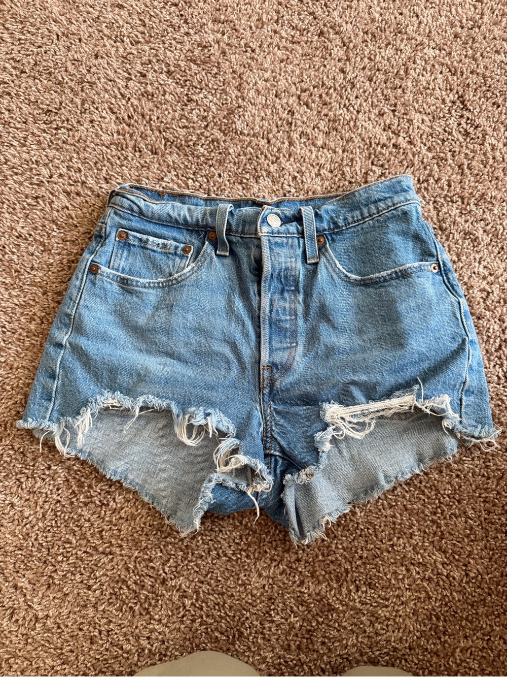 High-Rise Distressed Denim Shorts - Light Blue